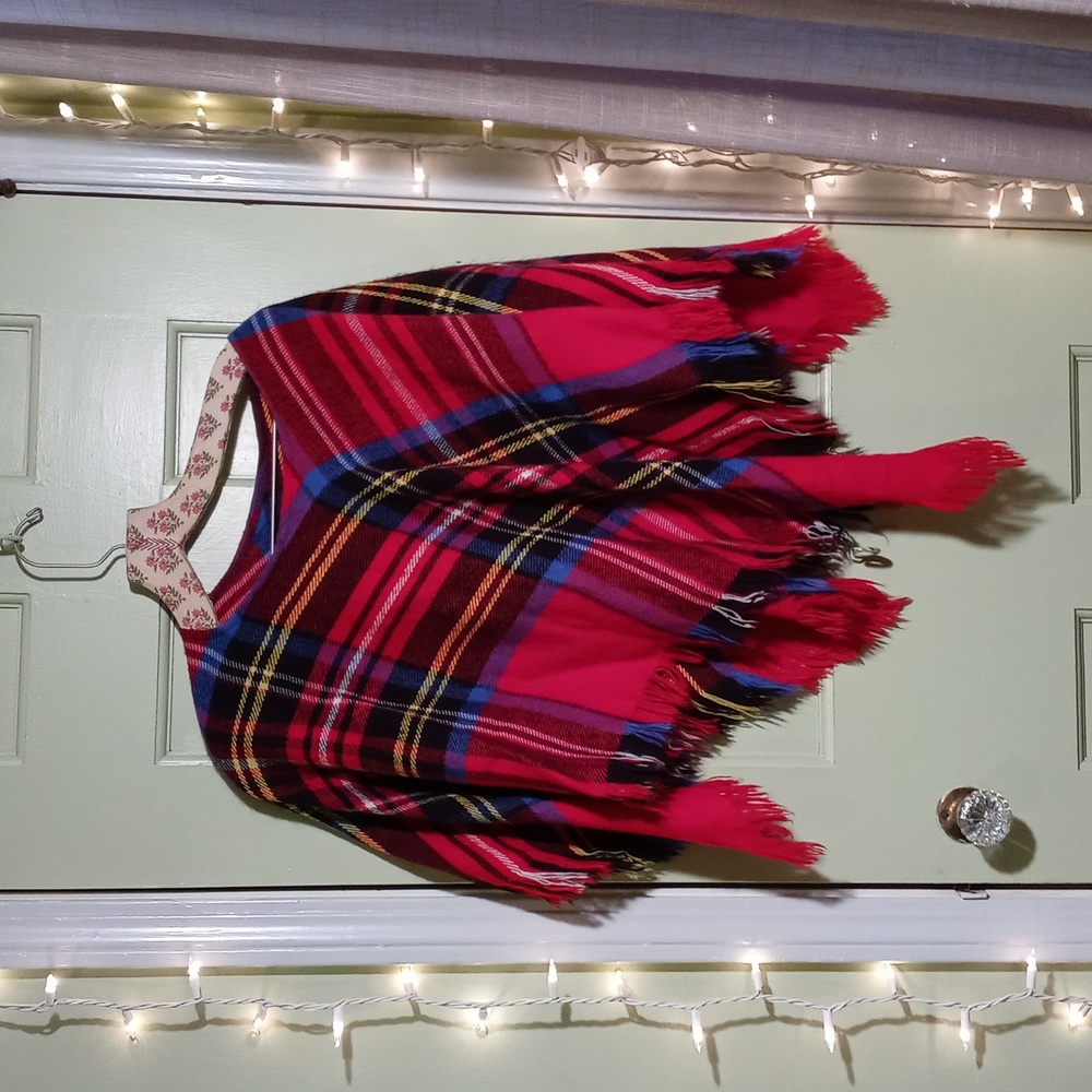 Women's Vintage plaid red blue black yellow scarf poncho